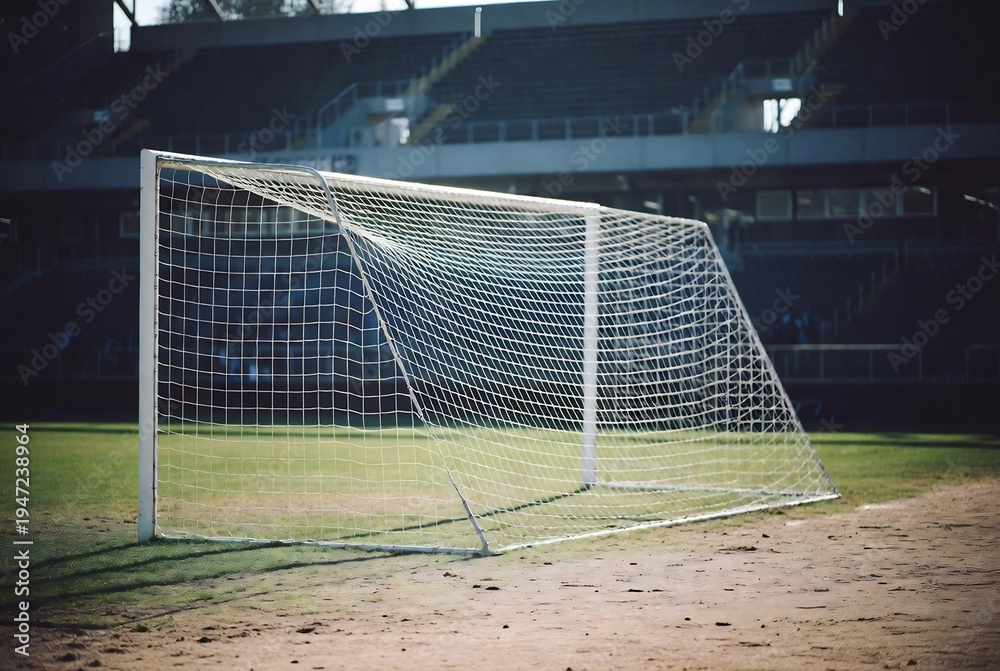 Fototapeta premium A soccer goal stands on a field at an empty stadium.