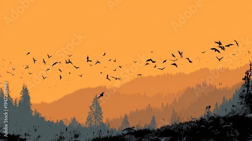 Silhouetted birds in flight over layered mountain landscape at sunset