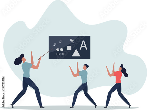 Classroom management and education teaching process .School kids with knowledge lessons and cognitive encouragement from teacher.person's life situation and his activities.
