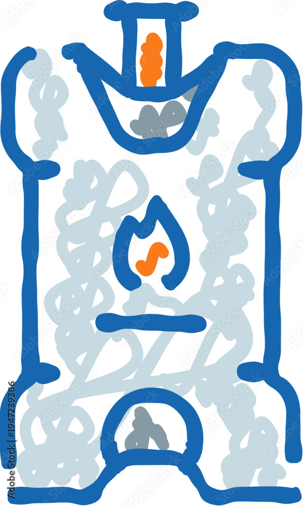Fototapeta premium Wood burning stove sketch on white background, cozy hearth icon suggesting warmth, home heating and sustainable traditional fuel for cold weather living and interior comfort