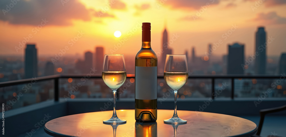 Naklejka premium Bottle and two glasses of white wine sit on rooftop table. City skyline glows in warm golden sunset light. Evening relaxation with urban view.