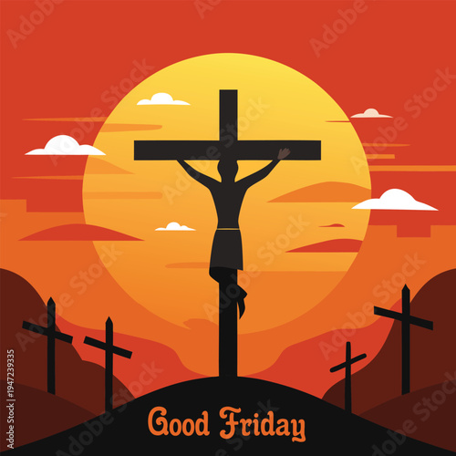 Good friday crucifixion scene with cross and sunset