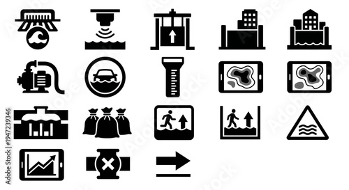 Solid black icons for urban flood management and emergency drainage. Flood barriers, water level sensors, and drainage pumps collection. Vector illustration for city planning apps, disaster relief blo