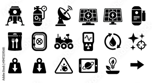 Solid black icons for civilian space exploration and lunar logistics. Cargo modules, oxygen supplies, and orbital communication symbols collection. Vector illustration for sci-fi simulators, aerospace