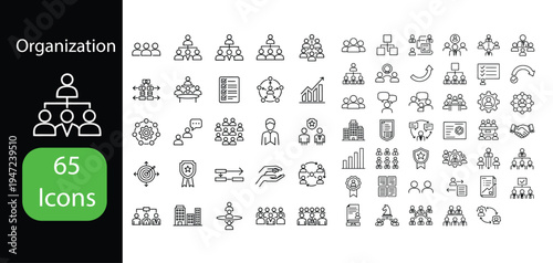 Minimal Organization and Teamwork Line Icon Set, Corporate Structure, Business Management, Team Collaboration, Workflow, Leadership, Network, Hierarchy, Thin Outline Vector Icons for UI UX Design
