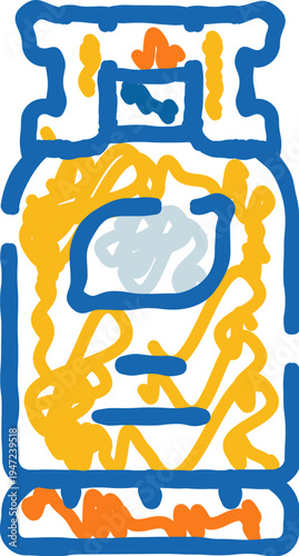 Gas cylinder doodle icon showing a propane or fuel tank for energy storage and distribution, simple line art sketch symbolizing industrial and domestic gas supply and safety