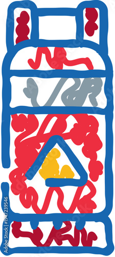 Gas cylinder doodle icon illustrating danger of fuel and energy. Featuring a bright red and yellow warning triangle on a vibrant blue and white background. Highlighting concepts of caution and safety
