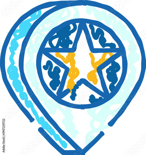 Location pin icon with central star symbolizing navigation, destination and achievement, simple blue and yellow marker on clean white background for maps, apps and web ui