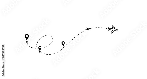 Airplane Flight Route Line Path Vector Icon with Dashed Travel Concept