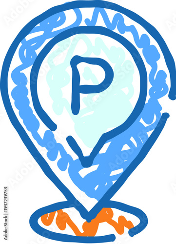 Navigation pin marking a parking spot on a map, doodle style blue and orange icon with a bold p showing available spaces for apps, web and mobile interfaces