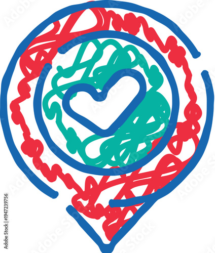 Location pin icon featuring a heart shape nested within colorful abstract scribbles, representing favorite places, travel loves, and community connections