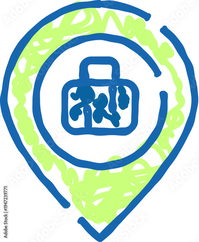 Luggage location indicator icon showing a pin identifying a travel destination on a map, conceptualizing tracking travel routes and baggage delivery services