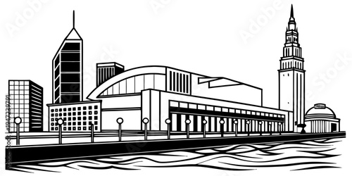 USA, US, U.S, United States - Cleveland lakefront skyline minimalist black and white architecture poster 