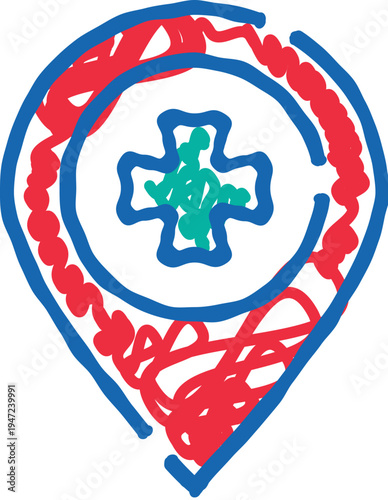 Medical cross inside a blue and red map pin marking a health center, clinic or hospital on navigation apps and maps, symbolizing emergency care, first aid and medical services