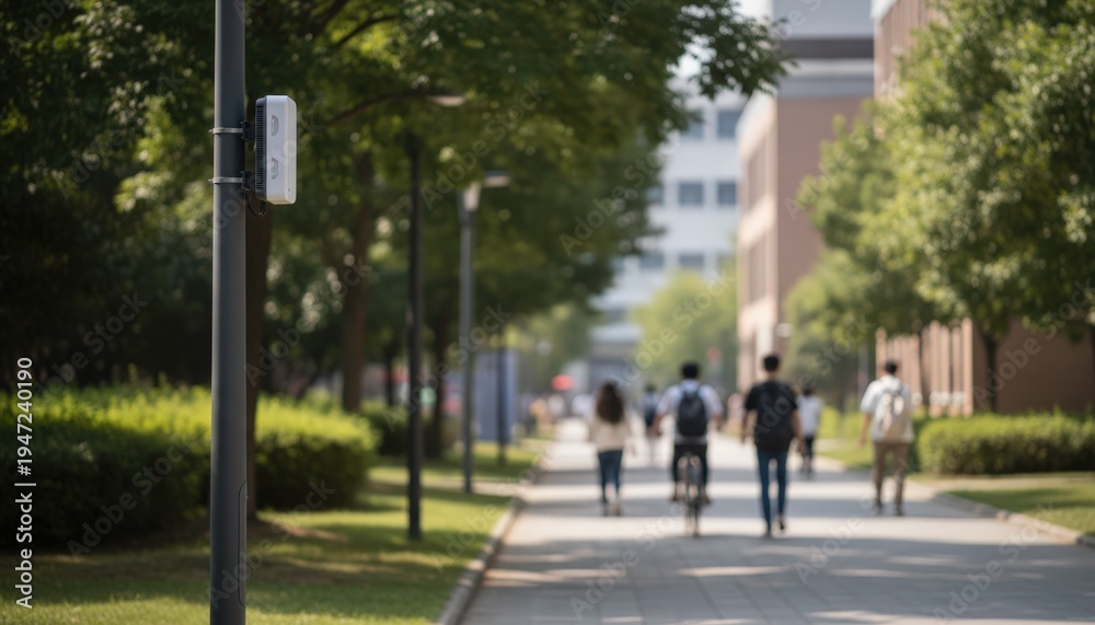 Obraz premium Urban campus scene with a clear 5G small cell on a lamppost the surrounding path and greenery softly blurred for depth.