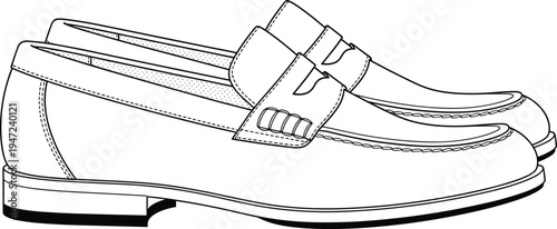Classic Men's Leather Penny Loafer Shoes Line Art Illustration Vector Icon for Fashion Design Footwear Apparel Catalog and Coloring Page