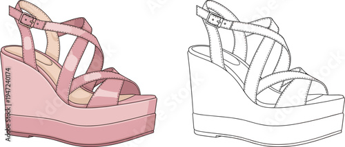 Pink wedge sandals cad drawing flat vector illustration, technical fashion sketch of platform high heel shoes for summer footwear design.