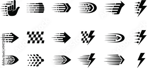 Speed Motion Icon Set, Vector Illustration of Fast Arrows, Lightning Bolts and Racing Symbols for Express Delivery, Quick Performance Concepts Isolated