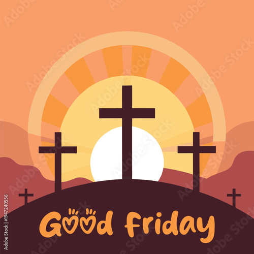 Three crosses on a hill at sunset on good friday