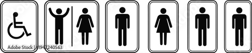 Restroom sign icon set, male female and handicap symbols for public toilet navigation, black silhouette restroom pictograms for building wayfinding design.