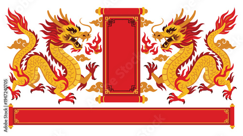 Fotografie Golden chinese dragons with red festive scrolls for lunar new year