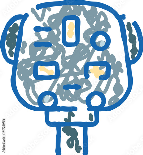 Robot head illustration featuring a blue outline and internal grey and yellow elements, visualizing the complexities of artificial intelligence, technology, and cybernetics
