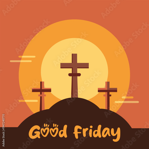 Three crosses on hill at sunset for good friday