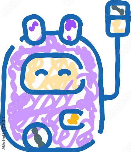 Cartoon robot mascot icon charging its internal battery, representing artificial intelligence, modern technology, innovation, and futuristic automated systems