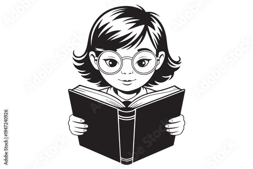 Cute girl reading book vector illustration wearing round glasses and holding open novel educational concept for library school children literature black and white line art character design art