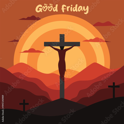 Crucifixion of jesus christ at sunset with mountains