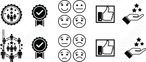Customer feedback icon set with star ratings, satisfaction emojis, thumbs up, quality check badges, and community review symbols for business evaluation.