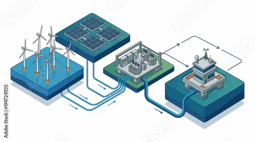Renewable energy system with wind turbines and solar panels.