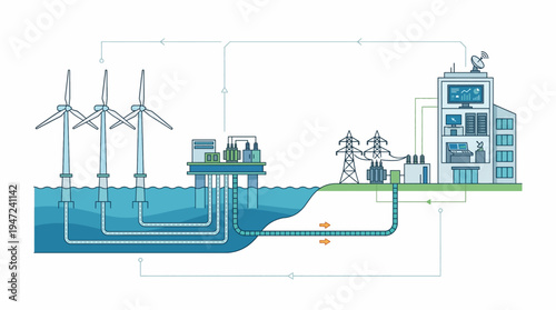 Infographic of offshore wind farm connected to power plant and industrial facility.