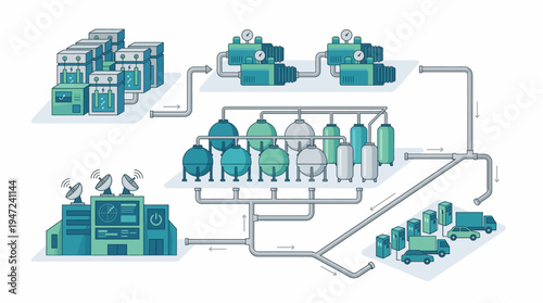 Industrial process diagram with various facilities.
