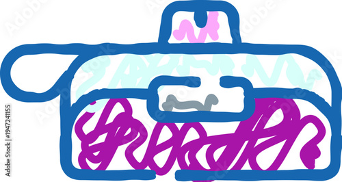 Travel shower wash bag icon with clear window and blue purple accents, hand drawn outline style for toiletry organization and personal hygiene on trips, compact and portable