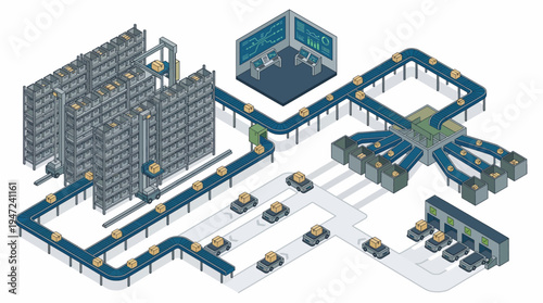 Industrial warehouse with automated logistics and transportation system.
