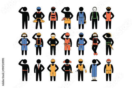 Set of 24 worker silhouettes in various poses and with different tools, flat vector illustration featuring diverse characters representing various professions and roles