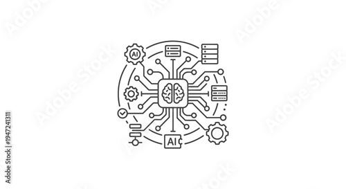 Artificial Intelligence Brain Chip Icon with Gears, Servers, and Network Connections