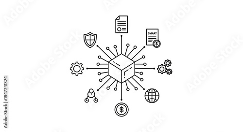 Blockchain Technology Concept: Cube Network with Icons of Security, Finance, Data, and Innovation