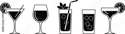 Set of cocktail icons vector for drink menu bar restaurant party summer alcohol beverage martini mojito margarita glass graphic elements