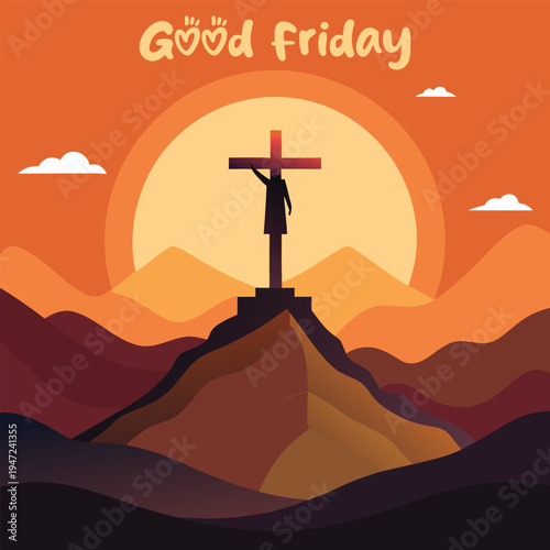 Jesus christ on cross at sunset with mountains