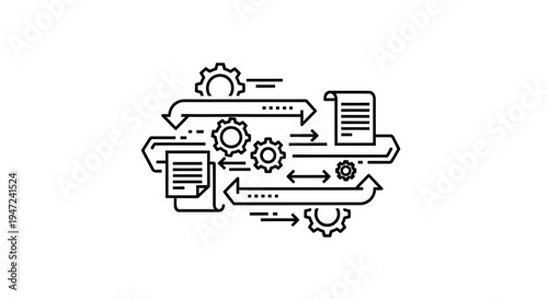 Business Process Automation Icon: Gears, Arrows, Documents, Workflow