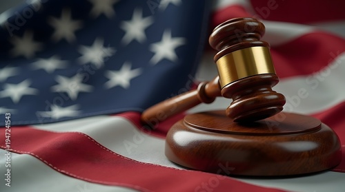 A wooden gavel rests on a flag, symbolizing justice and law in the United States.