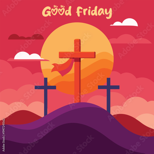 Three crosses on a hill at sunset on good friday