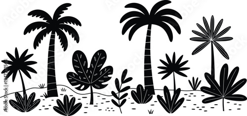 Black and white illustration of tropical palm trees and plants on a sandy beach