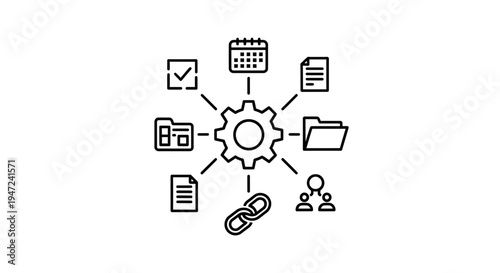 Business process management concept with gear and icons for tasks, calendar, documents, folders, links, people