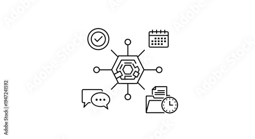 Business Process Management Icon Set: Workflow, Calendar, Chat, Document, Time Management