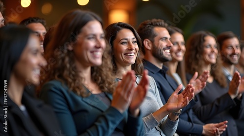 A diverse group of professionals clapping energetically at a corporate event, showcasing excitement and engagement.