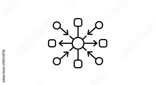 Central hub with radiating arrows and nodes, representing connection, network, and data flow