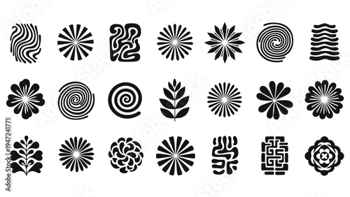 A collection of intricate geometric and symmetrical floral patterns in black and white Vector